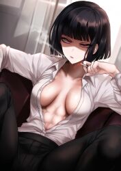  1girl abs black_hair black_pants blowing_smoke breasts cigarette collared_shirt commentary dutch_angle english_commentary highres holding holding_cigarette limbus_company long_sleeves looking_at_viewer medium_breasts open_clothes open_mouth open_shirt pants project_moon red_eyes ryoshu_(project_moon) shaded_face shirt short_hair smoke solo sweat teeth toned tresmarrow upper_teeth_only very_sweaty white_shirt  rating:Sensitive score:24 user:danbooru