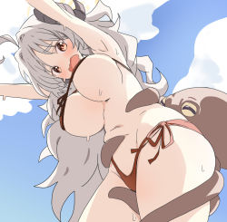 1girl ahoge arms_up bikini blue_archive blue_sky blush breasts cloud day grey_hair halo highres horns itamochi izumi_(blue_archive) izumi_(swimsuit)_(blue_archive) large_breasts long_hair octopus open_mouth orange_eyes outdoors red_bikini side-tie_bikini_bottom sky swimsuit tentacles very_long_hair rating:Questionable score:55 user:danbooru