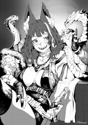  +_+ 1girl absurdres animal_ear_fluff animal_ears arm_wrap bandaged_neck bandages bare_shoulders belt breasts coin collarbone dragon fangs fox_ears glint gloves greyscale gun hand_up high-waist_shorts highres holding holding_coin holstered jewelry knee_up large_breasts leaning_back long_hair looking_at_viewer matata1203 monochrome multicolored_hair multiple_belts multiple_rings necklace original partially_fingerless_gloves pendant plunging_neckline ring shorts sitting skindentation sleeveless smile snake streaked_hair thighhighs weapon 