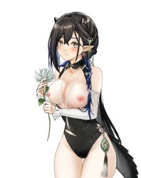  1girl 3: arknights bare_shoulders black_hair black_one-piece_swimsuit blacknight_(arknights) blacknight_(summer_flower)_(arknights) blue_hair blush breasts breasts_out brown_eyes casual_one-piece_swimsuit closed_mouth cowboy_shot detached_sleeves flower gluteal_fold highres holding holding_flower horns jewelry large_breasts long_hair long_sleeves meno_nuo multicolored_hair necklace nipples official_alternate_costume one-piece_swimsuit pointy_ears simple_background solo swimsuit tail tassel thigh_gap torn_clothes torn_swimsuit two-tone_hair white_background white_flower  rating:Questionable score:13 user:danbooru