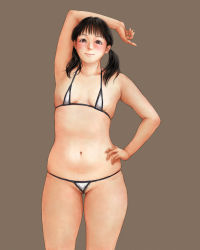  1girl arm_behind_head arm_up armpits bad_id bad_pixiv_id bikini black_hair blush breasts brown_background brown_eyes female_pubic_hair flat_chest hair_over_shoulder hand_on_own_hip letsgodke light_smile looking_at_viewer micro_bikini navel original plump pubic_hair pubic_hair_peek short_hair simple_background small_breasts solo swimsuit twintails 