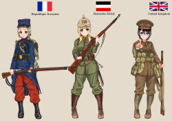  3girls absurdres ammunition_pouch ankle_boots backpack bag belt belt_buckle black_hair blonde_hair blue_eyes blush bolt_action boots braid brown_eyes buckle canteen commentary entrenching_tool french_flag green_eyes gun gun_sling hat helmet highres imperial_german_flag lebel_model_1886 lee-enfield load_bearing_equipment long_hair looking_at_viewer mauser_98 military military_uniform multiple_girls open_mouth original peaked_cap pickelhaube pointing pouch puttees rifle ryuukihei_rentai short_hair silver_hair simple_background single_braid smile soldier twintails uniform union_jack weapon world_war_i 