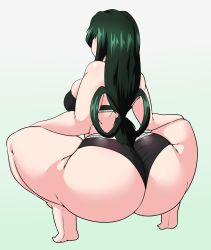 1girl absurdres ass asui_tsuyu bikini boku_no_hero_academia from_behind green_hair higher_resolution_available highres huge_ass long_hair okioppai panties signature simple_background solo sports_bra squatting swimsuit thick_thighs thighs underwear wide_hips rating:Questionable score:51 user:JustHere4Butts
