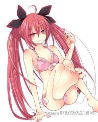 1girl ahoge arm_support barefoot bikini black_ribbon breasts candy cleavage collarbone date_a_live feet food frilled_bikini frills hair_between_eyes hair_ribbon hibiki_mio holding holding_candy holding_food holding_lollipop itsuka_kotori lollipop long_hair looking_at_viewer pink_bikini red_eyes red_hair ribbon side-tie_bikini_bottom sideboob simple_background sitting small_breasts solo swimsuit twintails very_long_hair white_background white_ribbon rating:Sensitive score:37 user:danbooru