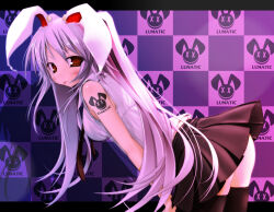  1girl animal_ears bent_over long_hair no_panties photoshop_(medium) purple_hair rabbit_ears red_eyes reisen_udongein_inaba scarlet_(studioscr) skirt solo tattoo thighhighs tongue tongue_out touhou  rating:Sensitive score:9 user:Xtroyer