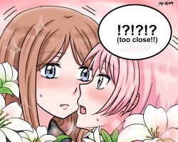  2girls athyra bang_dream! bang_dream!_it&#039;s_mygo!!!!! blue_eyes blush brown_hair chihaya_anon commentary dated english_text eye_contact fang flower grey_eyes lily_(flower) long_hair looking_at_another multiple_girls nagasaki_soyo open_mouth parted_lips pink_hair sidelocks sweatdrop symbol-only_commentary yuri 