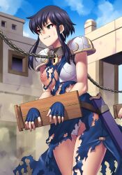  1girl 1other armor bdsm black_hair blue_dress blue_gloves bondage bound breasts broken_armor building cameltoe chain chain_leash cleft_of_venus clenched_teeth day defeat dress earrings fingerless_gloves fire_emblem fire_emblem:_genealogy_of_the_holy_war gattsun gloves humiliation jewelry larcei_(fire_emblem) leash medium_breasts nintendo nipples one_breast_out outdoors panties pauldrons scabbard sheath short_hair_with_long_locks shoulder_armor slave solo_focus stocks teeth torn_clothes underwear walking  rating:Questionable score:99 user:danbooru