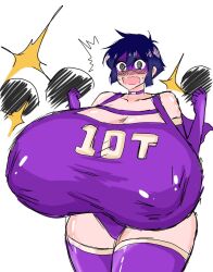 10-ton 1girl @_@ bare_shoulders black_eyes boku_no_hero_academia breasts cleavage collarbone cowboy_shot female_focus gigantic_breasts highres leotard looking_at_viewer monhuter10 open_mouth purple_hair purple_leotard shiny_clothes shiny_skin short_hair simple_background solo thick_thighs thighs w_arms wavy_mouth white_background 