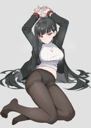  1girl absurdres arms_up black_hair black_halo black_pantyhose black_suit blue_archive bound bound_wrists breasts bright_pupils cuffs formal full_body hair_ornament hairclip halo highres jacket large_breasts legs navel no_pants no_shoes open_clothes open_jacket pantyhose red_eyes ribbed_sweater rio_(blue_archive) shackles sitting suit sweater tamago_(eva1314056) turtleneck turtleneck_sweater white_pupils yokozuwari 