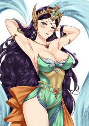  1girl adjusting_hair armlet armpits arms_behind_head arms_up bad_id bad_pixiv_id bare_arms bare_shoulders black_hair blue_eyes blush breasts character_request circlet cleavage collarbone commentary cowboy_shot crown curly_hair dress earrings emerald_(stone) female_focus from_side gem green_dress green_gemstone head_tilt headgear headpiece heart heart_necklace highres jewelry kadita large_breasts lips long_hair looking_at_viewer mobile_legends:_bang_bang neck necklace nyi_roro_kidul open_mouth parted_bangs red_gemstone round_teeth seven_knights side_slit simple_background smile solo sparkle standing strapless strapless_dress swept_bangs teeth thighs very_long_hair wavy_hair white_background xter 