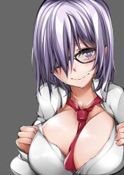 1girl baron_suzuki breasts cleavage fate/grand_order fate_(series) glasses grey_background hair_over_one_eye heart heart-shaped_pupils highres large_breasts mash_kyrielight open_clothes open_shirt purple_hair shirt short_hair simple_background solo symbol-shaped_pupils wavy_mouth rating:Questionable score:17 user:danbooru