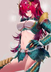  1girl absurdres armor armored_gloves blue_eyes blush breasts cowboy_shot crop_top electricity from_side fur-trimmed_armor fur_trim getto green_armor grey_background heterochromia highres hololive hololive_english irys_(hololive) large_breasts long_hair looking_at_viewer midriff monster_hunter_(series) navel open_mouth panties panty_peek pointy_ears red_eyes red_hair shoulder_armor simple_background solo sparkle stomach sweat teeth underwear upper_teeth_only virtual_youtuber white_panties zinogre_(armor) 