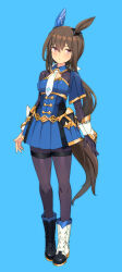  1girl adapted_costume admire_vega_(umamusume) animal_ears asymmetrical_footwear black_footwear black_gloves black_pantyhose blue_background blue_dress blush boots breasts brown_hair cleavage_cutout closed_mouth clothing_cutout commentary_request dress ear_covers gloves gold_trim horse_ears horse_girl horse_tail looking_at_viewer low_ponytail medium_breasts mismatched_footwear necktie pantyhose red_eyes shimada_fumikane simple_background single_ear_cover single_glove solo tail thighband_pantyhose umamusume white_footwear white_necktie 
