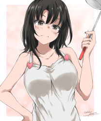  1girl alternate_costume apron black_hair blush breasts dated gakky highres holding holding_spoon kantai_collection large_breasts looking_at_viewer pink_background red_eyes short_hair smile solo spoon takao_(kancolle) upper_body white_background 