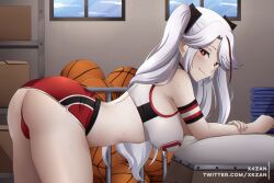  1girl ass azur_lane ball_rack bent_over breasts closed_mouth from_side gym_uniform highres large_breasts long_hair looking_at_viewer prinz_eugen_(azur_lane) prinz_eugen_(brilliant_touchdown)_(azur_lane) red_eyes red_shorts short_shorts shorts smile solo sports_bra thighs twintails very_long_hair white_hair white_sports_bra xkzan 