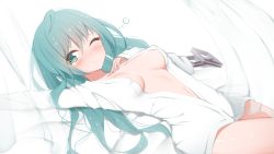 1girl ahoge alternate_hairstyle aqua_eyes aqua_hair aqua_nails areola_slip arm_up bad_id bad_pixiv_id bed_sheet blush breasts closed_mouth commentary_request curtains giryu hair_down hair_ornament hand_on_own_chest hatsune_miku long_hair long_sleeves looking_at_viewer lying medium_breasts nail_polish naked_shirt navel no_bra on_back on_bed one_eye_closed shirt sleeves_past_wrists solo stomach unworn_hair_ornament very_long_hair vocaloid waking_up white_shirt rating:Questionable score:14 user:danbooru
