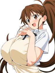  1girl blush breasts brown_eyes brown_hair collared_shirt high_ponytail huge_breasts loliconder long_hair looking_at_viewer open_mouth shirt short_sleeves smile solo sweater_vest taneshima_popura white_shirt working!! yellow_sweater_vest 