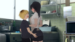 1boy 1girl age_difference apron ass ass_grab black_eyes black_hair blush bottle breasts brother_and_sister calendar cooking cowboy_shot day embarrassed fire frying_pan grabbing_another&#039;s_ass height_difference highres incest indoors kemuri_haku kitchen legs looking_at_another medium_breasts medium_hair no_eyes open_mouth original school_uniform siblings skirt standing stove thighs toaru_daikazoku_no_okazu_jijou:_mamagawari_onee-chan_funtouki window rating:Questionable score:285 user:Ynyswydryn
