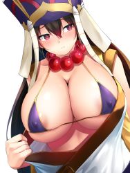  1girl bead_necklace beads bikini blush breasts brown_hair closed_mouth collarbone dutch_angle earrings covered_erect_nipples fate/grand_order fate_(series) hair_between_eyes hat highres hoop_earrings huge_breasts jewelry looking_to_the_side micro_bikini necklace no_bra oekakizuki purple_bikini purple_eyes ringed_eyes simple_background solo swimsuit undressing upper_body white_background xuangzang_sanzang_(fate)  rating:Questionable score:63 user:danbooru