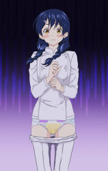  absurdres blue_hair blush braid chef clothes_pull diaper embarrassed gradient_background highres leaking nervous pants pants_pull peeing peeing_self shokugeki_no_souma tadokoro_megumi twin_braids twintails wet_diaper yellow_eyes  rating:Questionable score:38 user:AmasawaSeiji