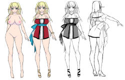 1girl bare_shoulders blonde_hair blush breasts breasts_apart character_sheet cleavage comparison completely_nude curvy elf female_focus full_body green_eyes high_heels jewelry large_breasts long_hair looking_at_viewer miniskirt multiple_persona multiple_views necklace nipples no_pussy nude original partially_colored pointy_ears sandals simple_background sketch skirt smile standing twintails two_side_up usagi_nagomu white_background wide_hips rating:Questionable score:63 user:Xander