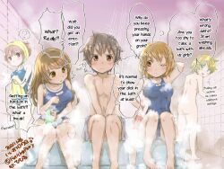  2boys 3girls bare_arms bare_legs bare_shoulders barefoot bath bathroom blush breasts brown_hair clothed_female_nude_male covering_crotch covering_privates feet femdom hihiru large_breasts legs long_hair medium_breasts multiple_boys multiple_girls nude one-piece_swimsuit one_eye_closed short_hair sitting speech_bubble standing steam swimsuit thighs toenails toes towel  rating:Questionable score:34 user:Misandrist_Seraphine