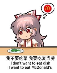  1girl bilingual chibi chinese_text closed_mouth commentary english_commentary english_text engrish_commentary food fujiwara_no_mokou hair_between_eyes jokanhiyou logo long_hair looking_down mcdonald&#039;s mixed-language_text no_nose pink_hair plate puffy_short_sleeves puffy_sleeves red_eyes shirt short_sleeves solo suspenders tearing_up thought_bubble touhou upper_body very_long_hair white_shirt 