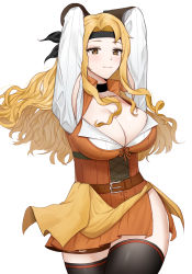  1girl alternate_costume arms_behind_head belt belt_buckle blonde_hair breasts brigid_(fire_emblem) brown_eyes buckle cleavage closed_mouth commission dada_(dadada_20) dress fire_emblem fire_emblem:_genealogy_of_the_holy_war fire_emblem_heroes headband highres large_breasts long_hair looking_at_viewer nintendo pixiv_commission simple_background solo thighhighs thighs wavy_hair  rating:Sensitive score:15 user:danbooru
