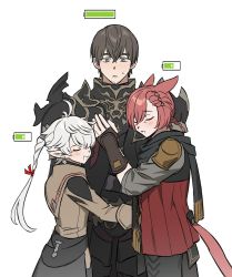  adventurer_(ff14) alisaie_leveilleur animal_ears armor battery_indicator blush braid braided_ponytail brown_hair cat_ears cat_tail closed_eyes dark_knight_(final_fantasy) facial_hair final_fantasy final_fantasy_xiv g&#039;raha_tia group_hug highres hug looking_at_another pointy_ears red_hair scarf silver_hair smile stubble tail warrior_of_light_(ff14) wuliu_heihuo  rating:General score:25 user:danbooru