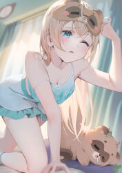  1girl =_= absurdres alternate_costume alternate_hairstyle arm_up bare_shoulders bent_over blonde_hair blue_camisole blue_eyes blurry blurry_background blush breasts camisole cleavage clock clothes_writing commentary curtains drooling highres hololive indoors kazama_iroha one_eye_closed open_mouth pokobee ryuya skirt sleep_mask small_breasts strap_slip symbol-only_commentary virtual_youtuber waking_up wall_clock white_skirt 