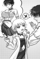  2girls breasts cowboy_shot flat_chest gender_request genderswap hospital index_finger_raised lab_coat large_breasts lowres monochrome multiple_girls navel s_zenith_lee science short_hair shot smile syringe thought_bubble  rating:Questionable score:35 user:InnocentSuccubus
