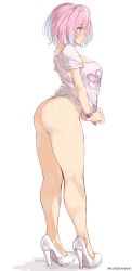 1girl ahoge ass bare_legs blouse blue_hair blush bottomless breasts closed_mouth curvy full_body high_heels highres huge_ass idolmaster idolmaster_cinderella_girls kanachirou kneepits large_breasts legs multicolored_hair pink_eyes pink_hair pink_shirt shirt short_hair short_sleeves simple_background solo standing t-shirt thick_thighs thighs two-tone_hair white_background white_footwear white_shirt yumemi_riamu rating:Questionable score:148 user:danbooru