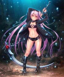 1girl boots breasts chain collar curvy feet felicia_(taimanin_kurenai) female_focus full_body gluteal_fold highres holding holding_weapon lilith-soft long_hair looking_at_viewer navel nipples partially_visible_vulva pink_hair red_eyes scythe shiny_skin short_shorts shorts small_breasts solo taimanin_(series) taimanin_asagi_kessen_arena taimanin_kurenai two_side_up very_long_hair weapon zol rating:Questionable score:54 user:fakyuh