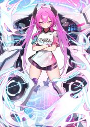  1girl absurdres ahoge belt blush bracelet breasts crossed_arms fingerless_gloves gloves grace_(sound_voltex) hair_ornament highres hip_vent horns jewelry lelex long_hair pink_hair print_shirt purple_eyes shirt short_sleeves smirk solo sound_voltex t-shirt thighs twintails two-tone_background very_long_hair 