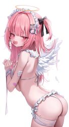 1girl absurdres angel_wings ass back bandaged_fingers bandaged_leg bandaged_wrist bandages bandaid bandaid_on_arm bandaid_on_cheek bandaid_on_face bare_back bikini black_bow blush bow hair_bow hair_ornament hairclip halo hands_up highres leaning_forward long_hair looking_at_viewer maid_headdress mini_wings original own_hands_together pacifier pink_hair red_eyes riko_(rik0ring) sidelocks simple_background solo sweat swimsuit two_side_up white_background white_bikini white_wings wings rating:Sensitive score:46 user:danbooru