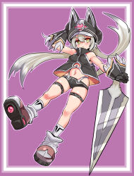  1girl animal_hat black_gloves black_hat black_shirt black_shorts brown_footwear cat_girl cat_hat cat_tail clenched_hand closed_mouth commentary cougar_(cougar1404) frown full_body gloves grey_hair grey_socks hand_on_headwear hat huge_weapon key_(cougar1404) long_hair looking_at_viewer low_twintails micro_shorts navel original prototype_design purple_background shirt shoes shorts sleeveless sleeveless_shirt socks solo standing sword symbol-only_commentary tail thigh_strap twintails very_long_hair weapon yellow_eyes 
