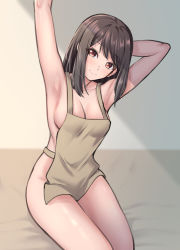  1girl absurdres apron arm_behind_head armpits arms_up bang_dream! bare_arms bare_shoulders bed_sheet black_hair breasts brown_apron brown_eyes cleavage closed_mouth collarbone commentary_request cowboy_shot day head_tilt highres indoors looking_at_viewer medium_breasts medium_hair naked_apron ptal shade sitting smile solo stretching tsukishima_marina 
