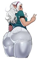 1girl ass bad_id bad_tumblr_id butt_crack dark-skinned_female dark_elf dark_skin denim elf elf-san_wa_yaserarenai. from_behind from_below hairband highres huge_ass jeans kuroeda-san long_hair looking_at_viewer looking_back looking_down mole mole_under_eye pants pointy_ears shirt silver_hair simple_background solo synecdoche t-shirt thick_thighs thighs v white_background wide_hips rating:Sensitive score:202 user:danbooru
