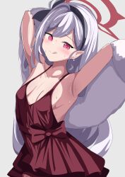  1girl absurdres armpits arms_up blue_archive blush breasts caramellate commentary dress earrings english_commentary grey_hair halo highres jewelry long_hair looking_at_viewer low-cut mesugaki mutsuki_(blue_archive) mutsuki_(dress)_(blue_archive) official_alternate_costume pearl_earrings pink_eyes pointy_ears red_dress red_halo shawl side_ponytail simple_background sleeveless sleeveless_dress small_breasts smile solo sweat tongue tongue_out upper_body wavy_ends white_background white_fur 