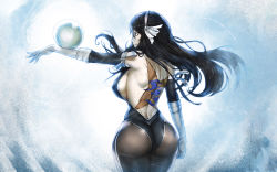  1girl artist_name ass back back_tattoo backless_outfit black_hair black_pantyhose black_sleeves breasts character_name clenched_hand colorized covered_erect_nipples cowboy_shot curvy detached_sleeves fairy_tail from_behind gloves hairband highres large_breasts leotard light_smile long_hair looking_to_the_side no_bra orb outstretched_arm pantyhose sideboob solo standing strapless strapless_leotard tattoo the_golden_smurf ultear_milkovich white_background white_gloves white_hairband wide_hips  rating:Sensitive score:67 user:danbooru