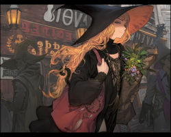  1girl 2boys bag beard blonde_hair building facial_hair from_side glasses gloves half-closed_eyes handbag hat highres jewelry letterboxed long_hair looking_at_viewer mole mole_under_eye morry multiple_boys necklace original paper_bag upper_body witch_hat  rating:Sensitive score:25 user:danbooru