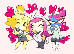  3girls ;d animal_crossing bad_id bad_twitter_id black_pants blue_skin boots bow bright_pupils colored_skin commentary crossover dog_girl english_commentary furry furry_female glasses hair_bun hand_on_own_chest heart isabelle_(animal_crossing) kirby:_planet_robobot kirby_(series) long_hair looking_at_viewer mario_(series) multiple_crossover multiple_girls nastasia nintendo one_eye_closed opaque_glasses open_mouth pants paper_mario pink_background pink_hair plaid rayman_limbs simple_background single_hair_bun skirt smile super_paper_mario susie_(kirby) sweat trait_connection white_footwear  rating:Sensitive score:14 user:danbooru