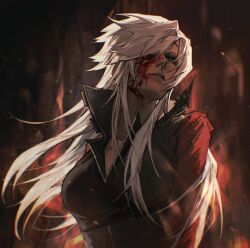  1girl blood blood_on_face blue_eyes breasts coat dante_(devil_may_cry) devil_may_cry devil_may_cry_(series) devil_may_cry_2 fire genderswap genderswap_(mtf) hair_over_one_eye large_breasts long_hair male_focus solo white_hair zmlskr 