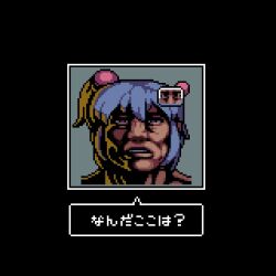  1girl black_border bombergirl bomberman border commentary_request contra grey_background grey_hair hair_bobbles hair_ornament highres looking_at_viewer man_face one_side_up parody pixel_art shiro_(bombergirl) short_hair simple_background solo super_contra tonchamon_san translation_request upper_body white_bomberman 