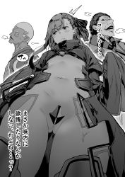 10s 1girl 2boys absurdres ass blush crotch_plate dark_skin emiya_alter fate/extra fate/extra_ccc fate/grand_order fate_(series) flat_chest from_below gilles_de_rais_(caster)_(fate) greyscale highres long_hair meltryllis_(fate) monochrome multiple_boys navel oosawara_sadao revealing_clothes sleeves_past_wrists sweat translation_request rating:Questionable score:45 user:danbooru