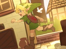  1boy blonde_hair boots child full_body hat highres indoors link male_focus navi nintendo open_mouth outdoors pointy_ears short_sleeves solo standing suikaels the_legend_of_zelda the_legend_of_zelda:_breath_of_the_wild young_link 
