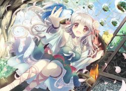  1girl :d ahoge ankle_lace-up bad_id bad_pixiv_id bare_shoulders bird bracelet brown_eyes cross-laced_footwear dress flower grey_hair hair_flower hair_ornament hair_ribbon hairband highres jewelry long_hair natsukawa_sarasa open_mouth original petals ribbon smile solo tree 