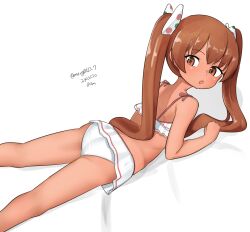  1girl absurdres ass bikini bikini_skirt brown_eyes brown_hair dark-skinned_female dark_skin dated hair_ribbon highres kantai_collection libeccio_(kancolle) libeccio_(swimsuit_mode)_(kancolle) long_hair looking_at_viewer lying maru_(marg0613) official_alternate_costume on_stomach one-hour_drawing_challenge polka_dot polka_dot_ribbon ribbon simple_background solo swimsuit twitter_username white_background white_bikini 