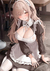  1girl apron black_dress black_footwear blush breasts brown_eyes brown_hair chair cup dress eyes_visible_through_hair frills hair_ornament hair_over_one_eye highres indoors large_breasts long_hair long_sleeves looking_at_viewer maid monaka_curl original pantyhose sitting smile solo spill teeth thighs water white_apron white_pantyhose 