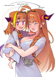  2girls :d ^_^ ahoge bare_arms barefoot blunt_bangs braid breasts carrying carrying_person cleavage closed_eyes commentary dismassd dragon_girl dragon_tail dress english_text fang hair_over_shoulder hairband highres hololive horns jewelry kiryu_coco large_breasts light_blush long_hair looking_at_viewer mother_and_daughter multiple_girls necklace open_mouth orange_hair pointy_ears profanity pun red_eyes short_sleeves side_braid simple_background single_braid skin_fang smile tail very_long_hair virtual_youtuber white_background white_dress 